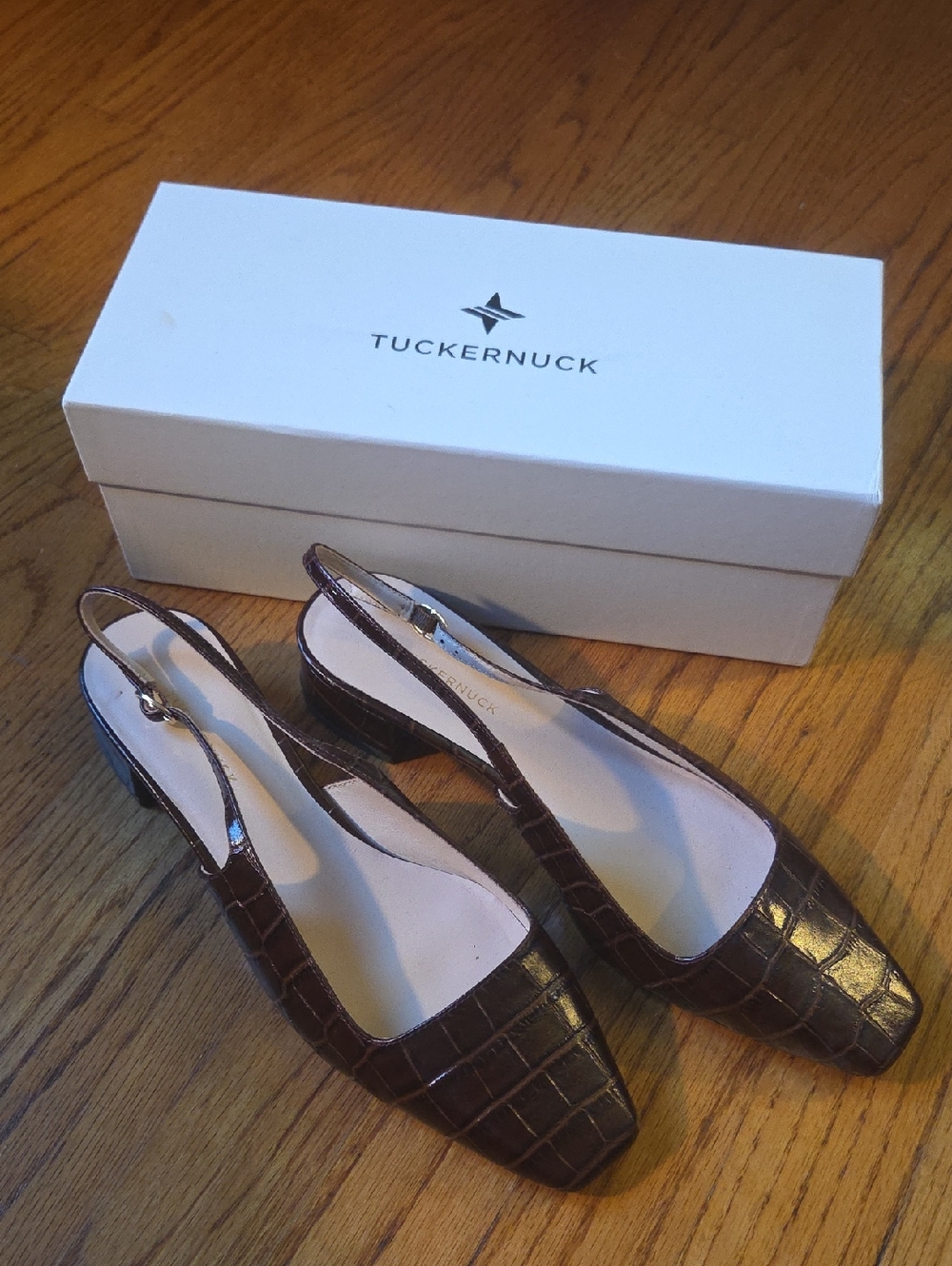Tuckernuck Brown Croc-Embossed Leather Slingback Mules